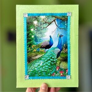 VTG Handmade Nature Peacock Rustic Mythical Mushroom Art Wall Decor